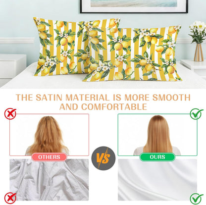 Lemon Leaves Pillow Cases Standard Size Set of 2, Yellow Vertical Stripes Spring Flowers Satin Pillowcase with Zipper for Hair/Skin, Decorative Pillow Covers for Bed/Couch/Sofa, 20x26 Inches