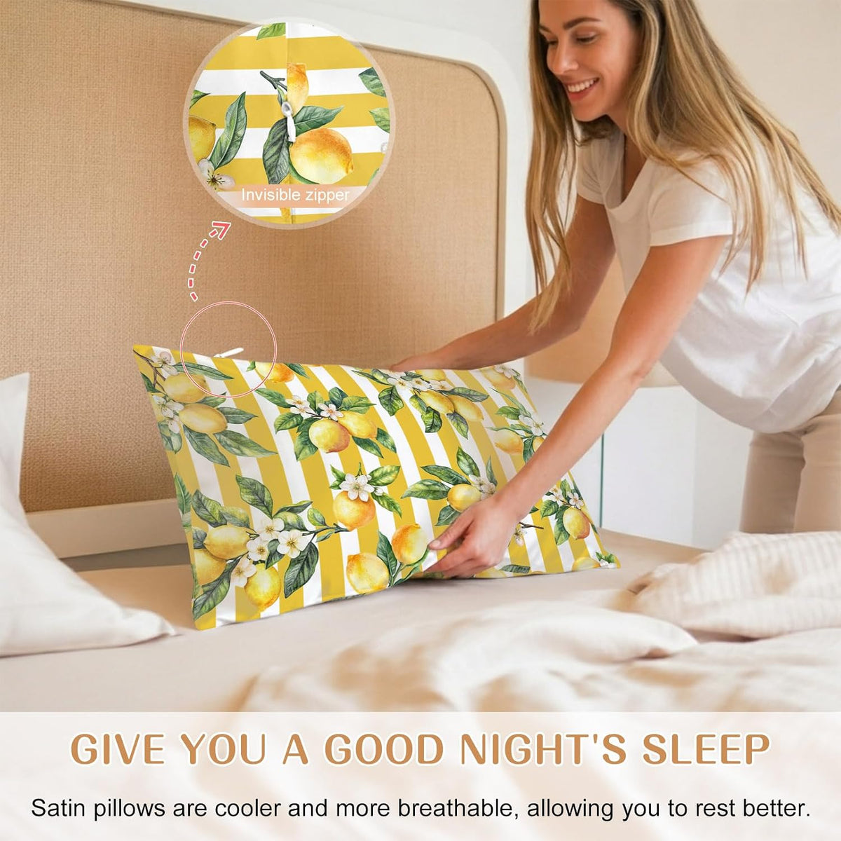Lemon Leaves Pillow Cases Standard Size Set of 2, Yellow Vertical Stripes Spring Flowers Satin Pillowcase with Zipper for Hair/Skin, Decorative Pillow Covers for Bed/Couch/Sofa, 20x26 Inches