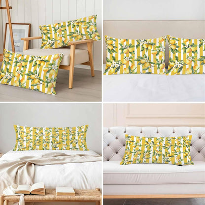 Lemon Leaves Pillow Cases Standard Size Set of 2, Yellow Vertical Stripes Spring Flowers Satin Pillowcase with Zipper for Hair/Skin, Decorative Pillow Covers for Bed/Couch/Sofa, 20x26 Inches