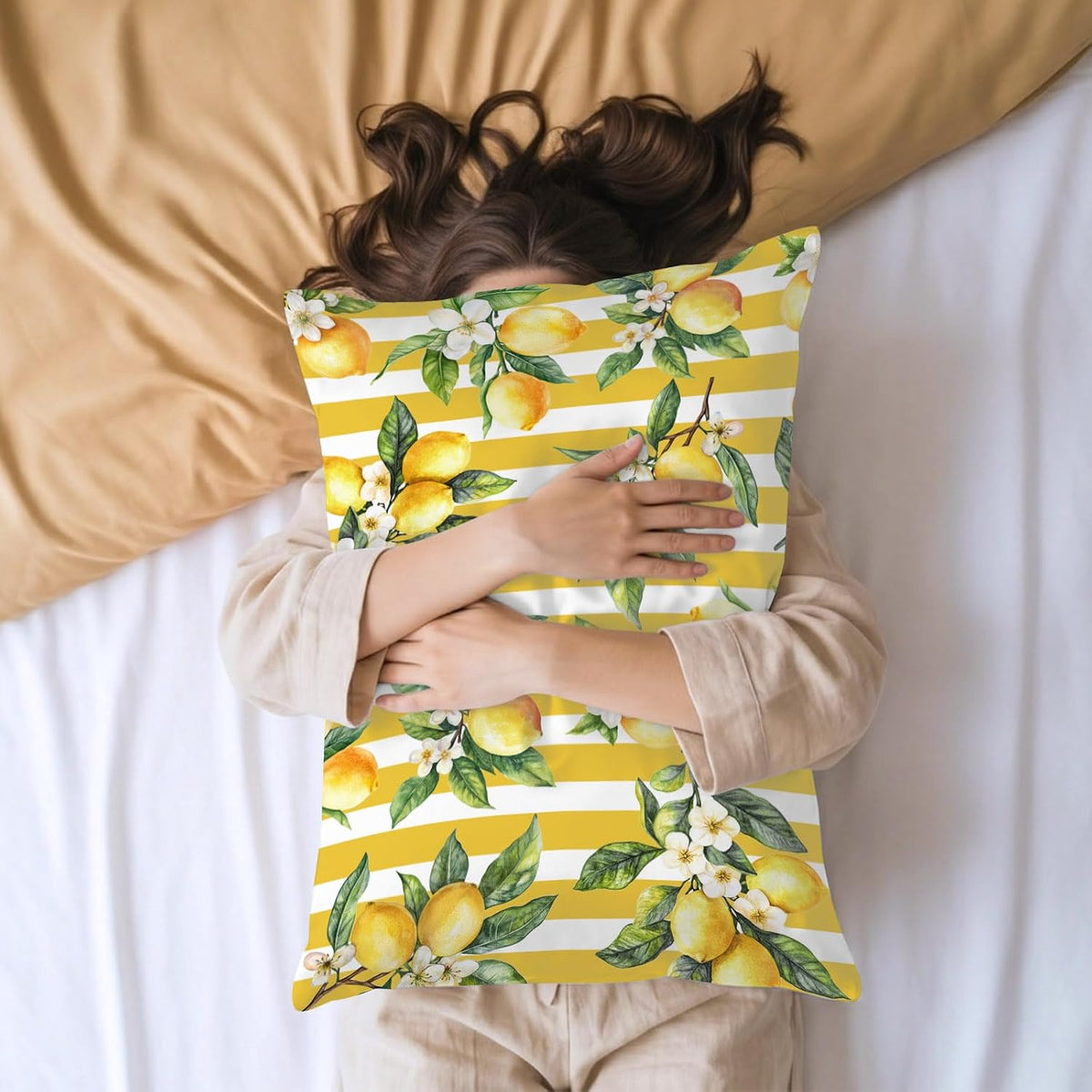 Lemon Leaves Pillow Cases Standard Size Set of 2, Yellow Vertical Stripes Spring Flowers Satin Pillowcase with Zipper for Hair/Skin, Decorative Pillow Covers for Bed/Couch/Sofa, 20x26 Inches