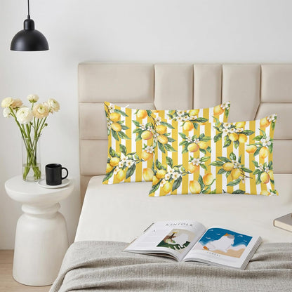 Lemon Leaves Pillow Cases Standard Size Set of 2, Yellow Vertical Stripes Spring Flowers Satin Pillowcase with Zipper for Hair/Skin, Decorative Pillow Covers for Bed/Couch/Sofa, 20x26 Inches