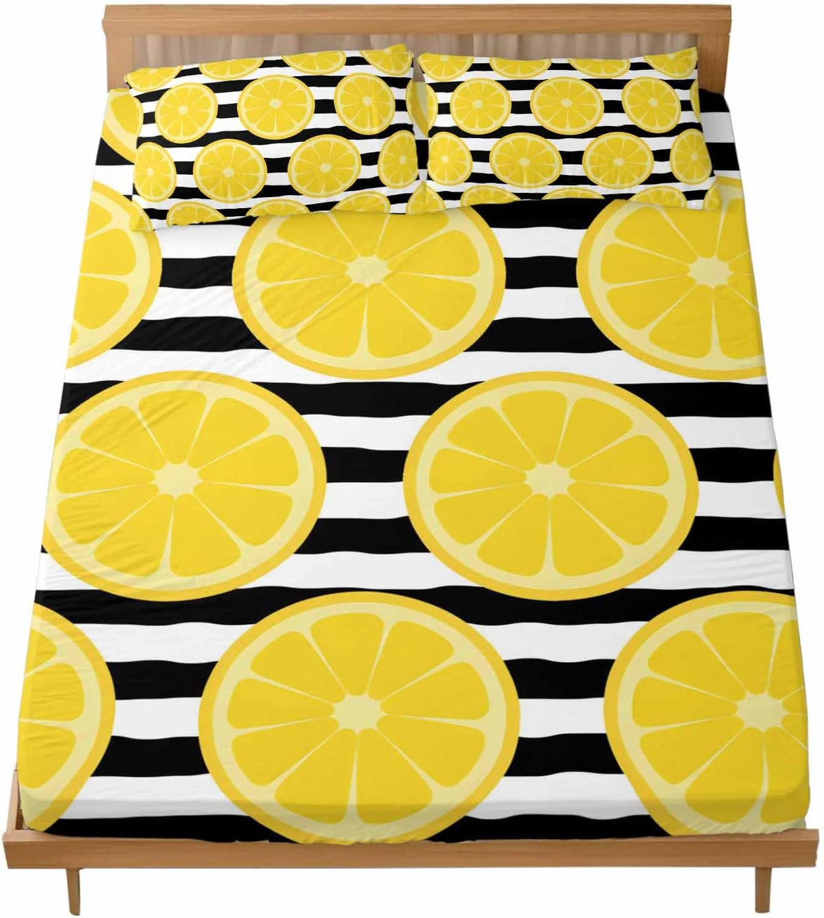 Twin Bed Fitted Sheets Farmhouses Country Yellow Lemon Bed Set with 16" Deep Pocket,Soft Microfiber Bedding Bottom Sheet with Decorative Pillowcases Black White Stripes