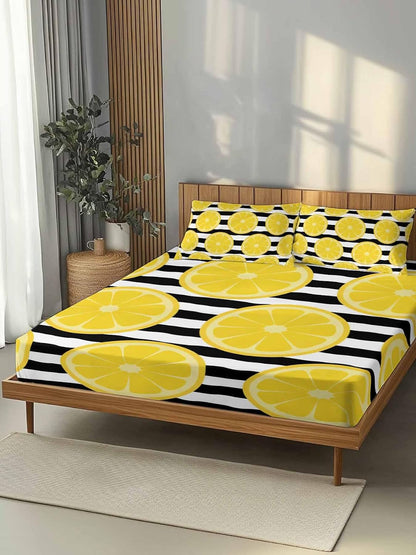 Twin Bed Fitted Sheets Farmhouses Country Yellow Lemon Bed Set with 16" Deep Pocket,Soft Microfiber Bedding Bottom Sheet with Decorative Pillowcases Black White Stripes