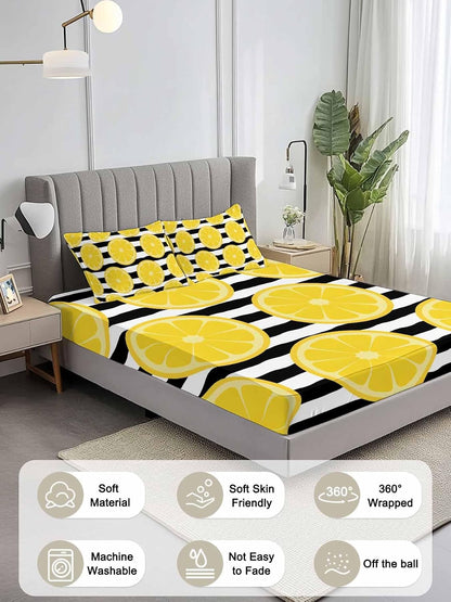 Twin Bed Fitted Sheets Farmhouses Country Yellow Lemon Bed Set with 16" Deep Pocket,Soft Microfiber Bedding Bottom Sheet with Decorative Pillowcases Black White Stripes