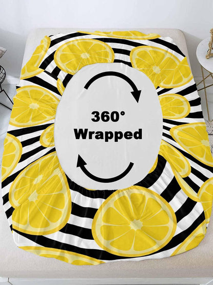 Twin Bed Fitted Sheets Farmhouses Country Yellow Lemon Bed Set with 16" Deep Pocket,Soft Microfiber Bedding Bottom Sheet with Decorative Pillowcases Black White Stripes