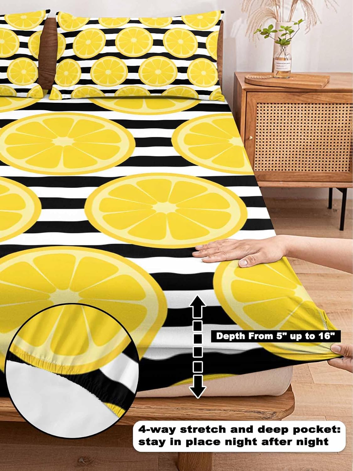 Twin Bed Fitted Sheets Farmhouses Country Yellow Lemon Bed Set with 16" Deep Pocket,Soft Microfiber Bedding Bottom Sheet with Decorative Pillowcases Black White Stripes