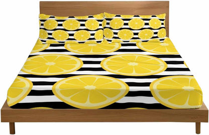 Twin Bed Fitted Sheets Farmhouses Country Yellow Lemon Bed Set with 16" Deep Pocket,Soft Microfiber Bedding Bottom Sheet with Decorative Pillowcases Black White Stripes