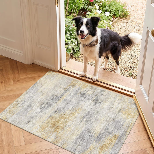 2x3 Area Rug Washable Abstract: Non Slip Front Door Throw rugs Grey/Yellow