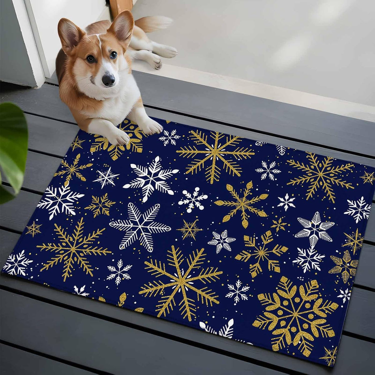 Winter Yellow Snowflake 2x3 Area Rugs for Living Room, Christmas White Snowflake Navy Non Slip Floor Mat Washable Low-Profile Indoor Carpet for Bedroom, Dining Room, Bathroom