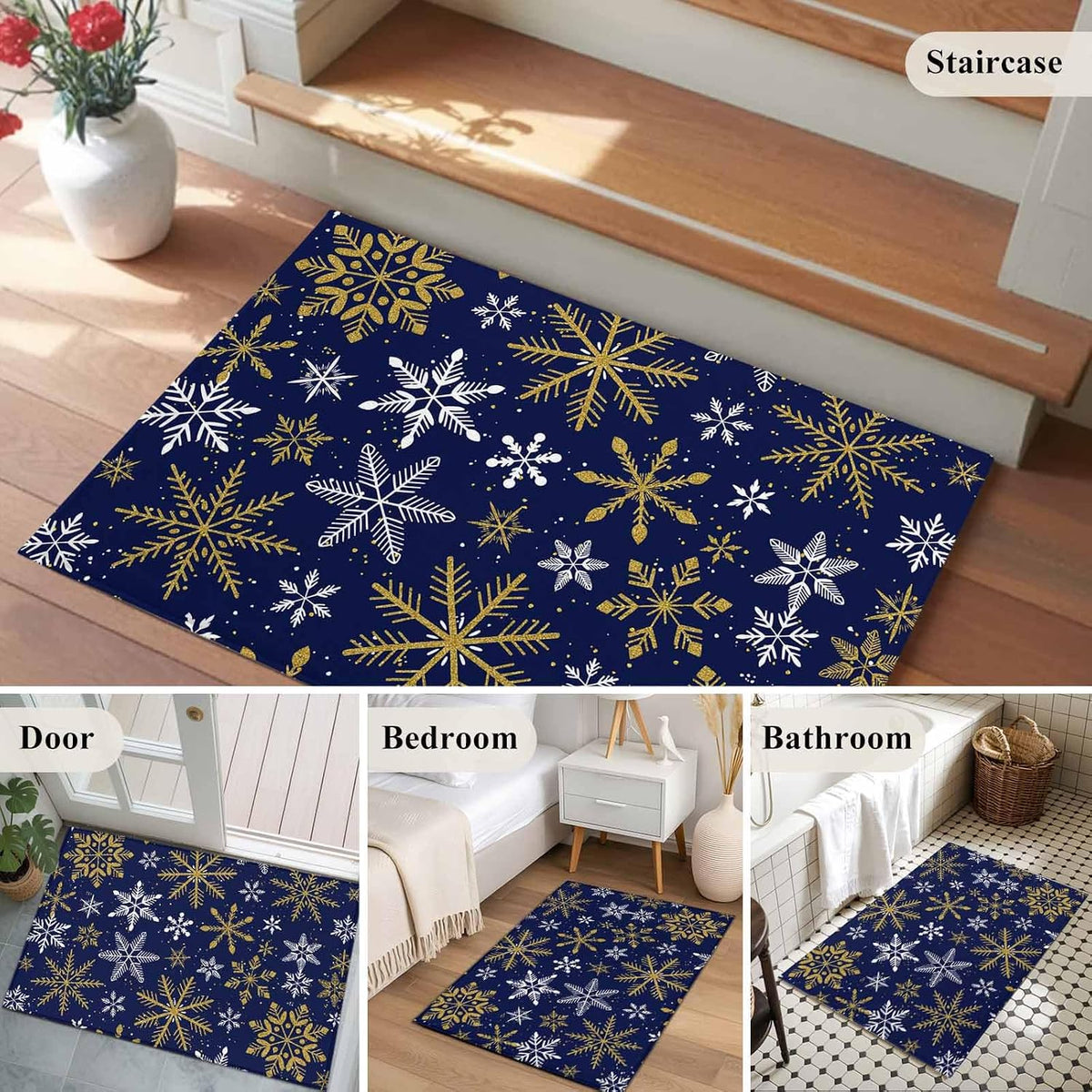 Winter Yellow Snowflake 2x3 Area Rugs for Living Room, Christmas White Snowflake Navy Non Slip Floor Mat Washable Low-Profile Indoor Carpet for Bedroom, Dining Room, Bathroom