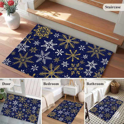 Winter Yellow Snowflake 2x3 Area Rugs for Living Room, Christmas White Snowflake Navy Non Slip Floor Mat Washable Low-Profile Indoor Carpet for Bedroom, Dining Room, Bathroom
