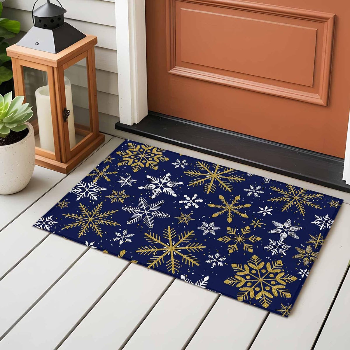 Winter Yellow Snowflake 2x3 Area Rugs for Living Room, Christmas White Snowflake Navy Non Slip Floor Mat Washable Low-Profile Indoor Carpet for Bedroom, Dining Room, Bathroom