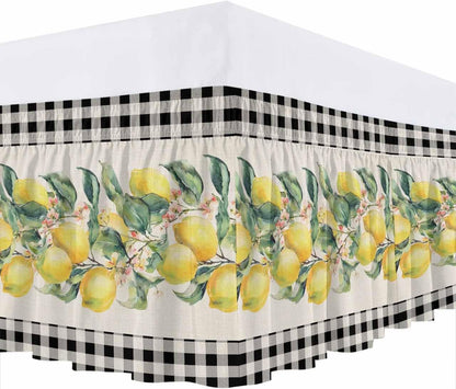 Yellow Lemons Wrap Around Bed Skirt Queen Size, Dust Ruffled 16 Inch Tailored Drop with Adjustable Elastic Belt Pleated, Summer Botanical Black White Plaid Rustic Luxury Bedding Skirts for Bedroom