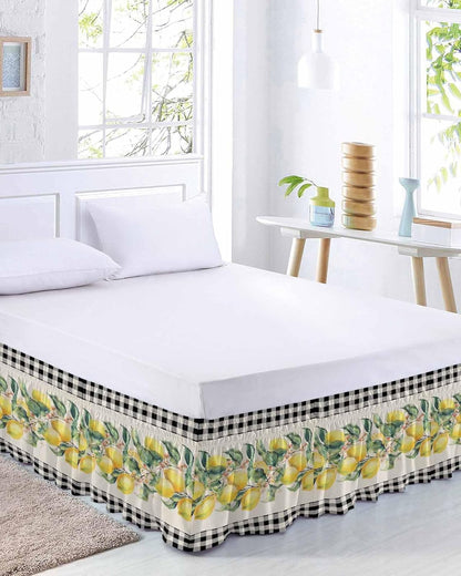 Yellow Lemons Wrap Around Bed Skirt Queen Size, Dust Ruffled 16 Inch Tailored Drop with Adjustable Elastic Belt Pleated, Summer Botanical Black White Plaid Rustic Luxury Bedding Skirts for Bedroom