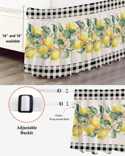 Yellow Lemons Wrap Around Bed Skirt Queen Size, Dust Ruffled 16 Inch Tailored Drop with Adjustable Elastic Belt Pleated, Summer Botanical Black White Plaid Rustic Luxury Bedding Skirts for Bedroom