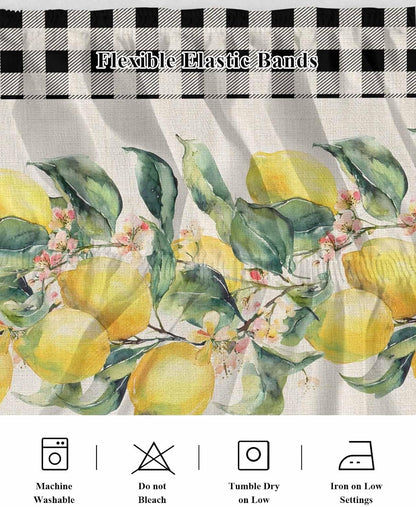 Yellow Lemons Wrap Around Bed Skirt Queen Size, Dust Ruffled 16 Inch Tailored Drop with Adjustable Elastic Belt Pleated, Summer Botanical Black White Plaid Rustic Luxury Bedding Skirts for Bedroom