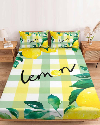 Twin Sze Fitted Sheet Set - Summer Lemon 2 Piece Bedding Sets 16" Deep Pocket Fitted Sheet with 1 Pillowcase, Botanical Fruit Leaves Yellow Green Striped Brushed Microfiber Hotel Luxury Bed Sheets