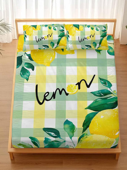 Twin Sze Fitted Sheet Set - Summer Lemon 2 Piece Bedding Sets 16" Deep Pocket Fitted Sheet with 1 Pillowcase, Botanical Fruit Leaves Yellow Green Striped Brushed Microfiber Hotel Luxury Bed Sheets