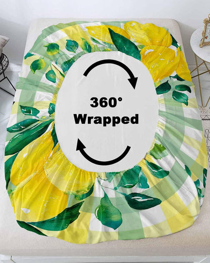 Twin Sze Fitted Sheet Set - Summer Lemon 2 Piece Bedding Sets 16" Deep Pocket Fitted Sheet with 1 Pillowcase, Botanical Fruit Leaves Yellow Green Striped Brushed Microfiber Hotel Luxury Bed Sheets