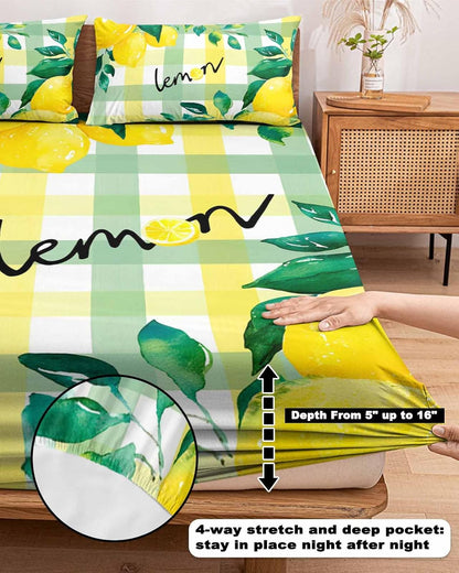 Twin Sze Fitted Sheet Set - Summer Lemon 2 Piece Bedding Sets 16" Deep Pocket Fitted Sheet with 1 Pillowcase, Botanical Fruit Leaves Yellow Green Striped Brushed Microfiber Hotel Luxury Bed Sheets