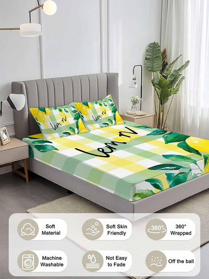 Twin Sze Fitted Sheet Set - Summer Lemon 2 Piece Bedding Sets 16" Deep Pocket Fitted Sheet with 1 Pillowcase, Botanical Fruit Leaves Yellow Green Striped Brushed Microfiber Hotel Luxury Bed Sheets