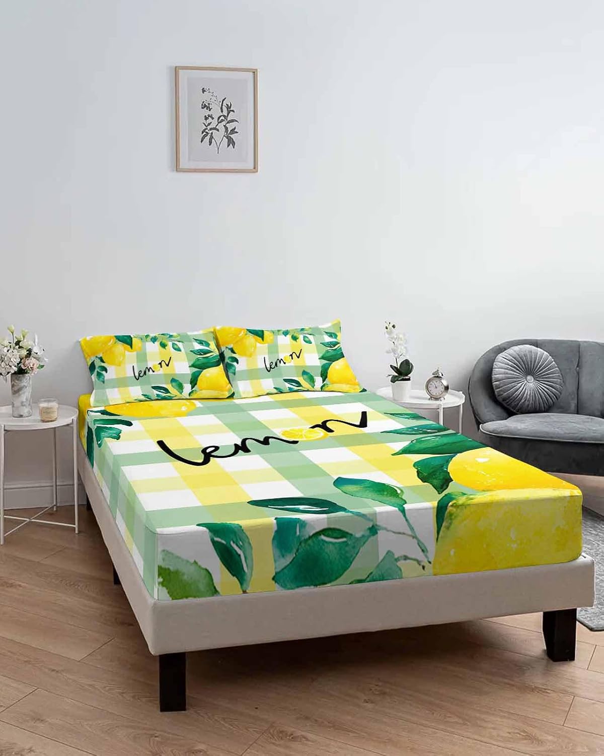 Twin Sze Fitted Sheet Set - Summer Lemon 2 Piece Bedding Sets 16" Deep Pocket Fitted Sheet with 1 Pillowcase, Botanical Fruit Leaves Yellow Green Striped Brushed Microfiber Hotel Luxury Bed Sheets