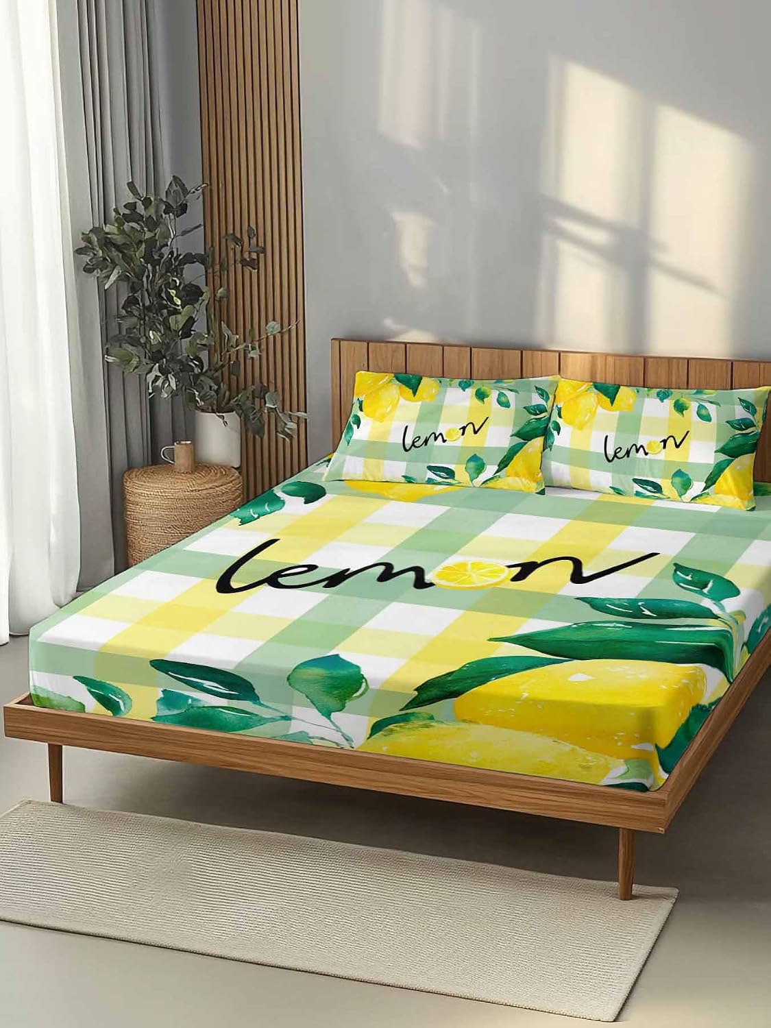 Twin Sze Fitted Sheet Set - Summer Lemon 2 Piece Bedding Sets 16" Deep Pocket Fitted Sheet with 1 Pillowcase, Botanical Fruit Leaves Yellow Green Striped Brushed Microfiber Hotel Luxury Bed Sheets