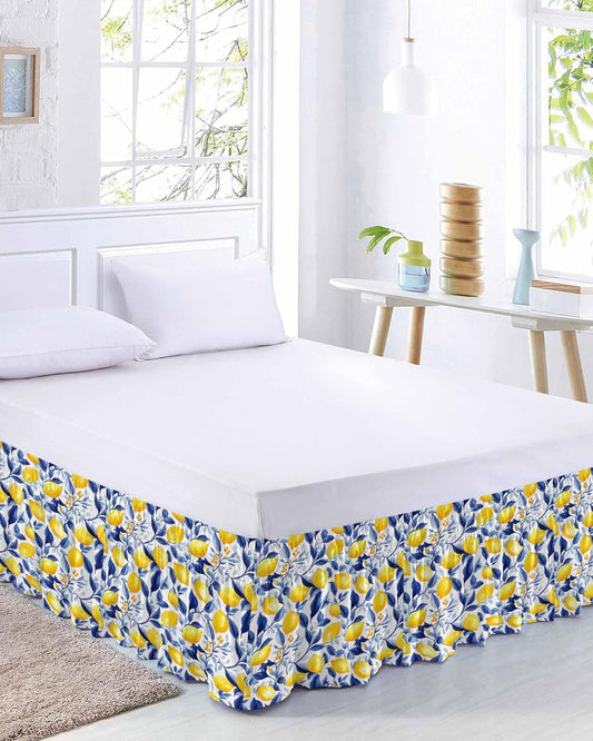 Summer Lemon Bed Skirt Queen Size 16 Inch Drop, Adjustable Elastic Wrap Around Bed Skirts Easy Fitting Dust Ruffle Bedskirt Bed Frame Cover Watercolor Yellow Blue Garden Floral