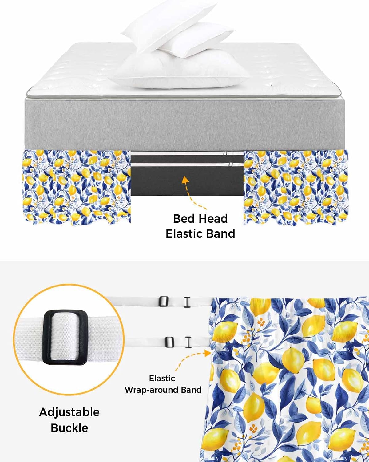 Summer Lemon Bed Skirt Queen Size 16 Inch Drop, Adjustable Elastic Wrap Around Bed Skirts Easy Fitting Dust Ruffle Bedskirt Bed Frame Cover Watercolor Yellow Blue Garden Floral