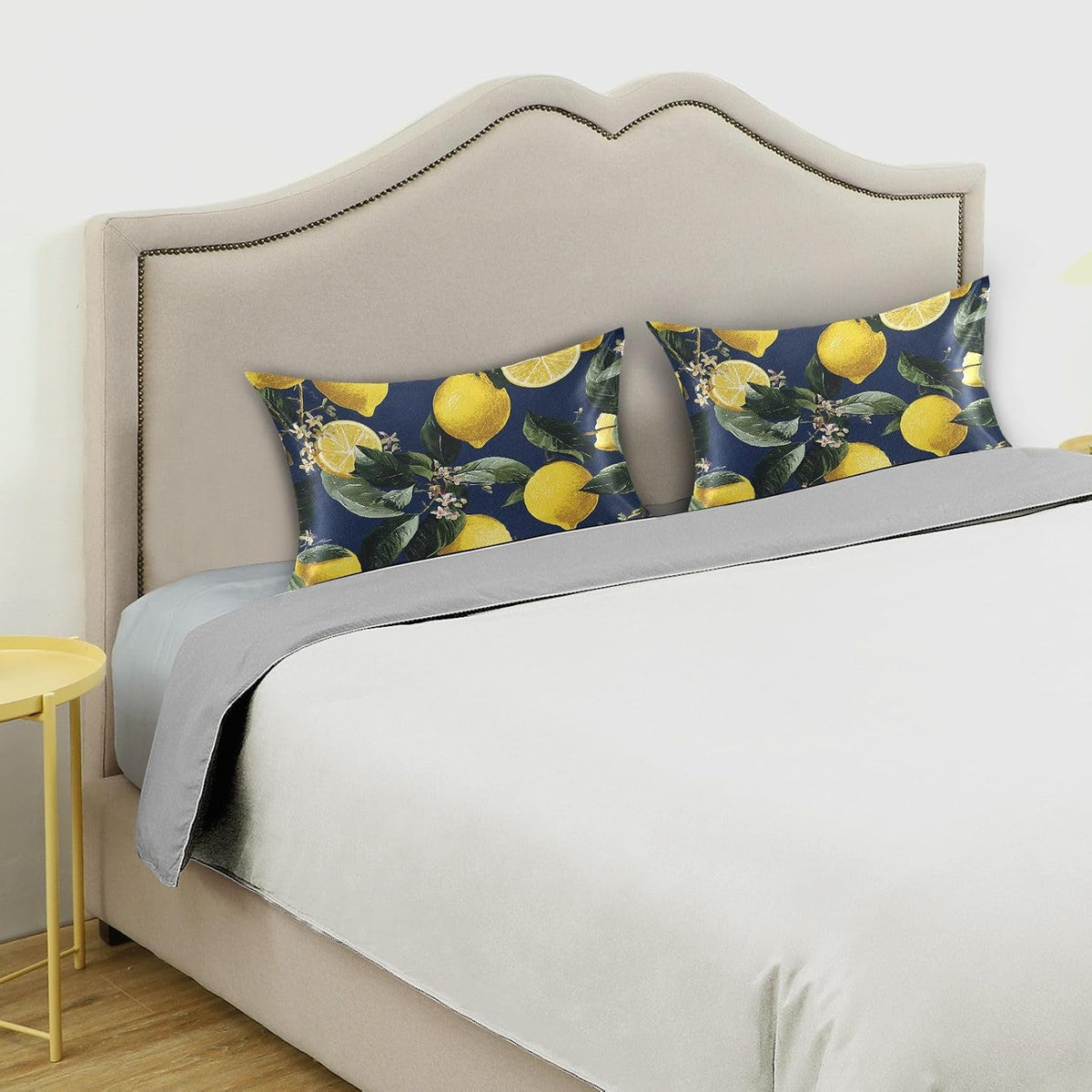 Satin Pillowcase for Hair Skin, Yellow Lemons and Blossoms Smooth Cooling Pillow Case Wrinkle Free Standard