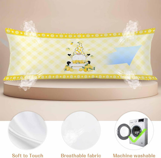 Vintage Fruit Gnomes Body Size Pillowcases, Summer Lemon Yellow Check Satin Pillow Case Cover with Smooth Hidden Zipper Closure, Soft Throw Pillow Covers Cases for Home Decor 20 X 54 Inches