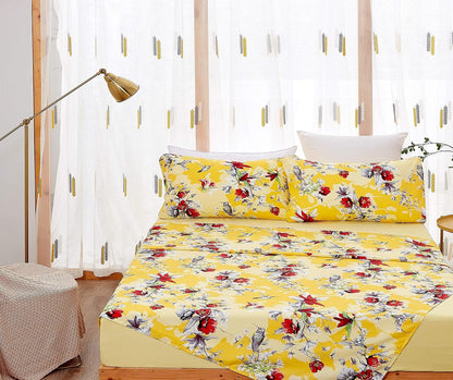 DaDa Bedding Yellow Floral Sheet Set, Queen 4 Piece Hummingbird Print