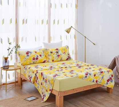 DaDa Bedding Yellow Floral Sheet Set, Queen 4 Piece Hummingbird Print