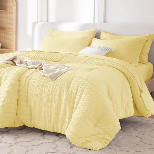 5 Pieces Twin XL Comforter Set, Seersucker Bed in a Bag Twin XL Size, All Season Luxury Bedding Set with Comforter, Flat Sheet, Fitted Sheet, Pillowcase & Sham, Yellow