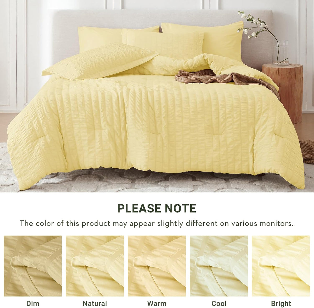 5 Pieces Twin XL Comforter Set, Seersucker Bed in a Bag Twin XL Size, All Season Luxury Bedding Set with Comforter, Flat Sheet, Fitted Sheet, Pillowcase & Sham, Yellow