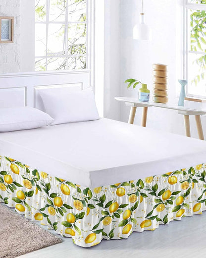 White Flowers Bed Skirt Queen Size 16 Inch Drop, Adjustable Elastic Wrap Around Bed Skirts Easy Fitting Dust Ruffle Bedskirt Bed Frame Cover Elegant Floral Yellow Lemon Fruit