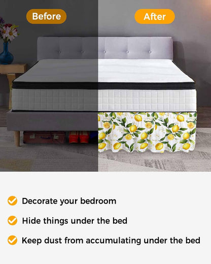 White Flowers Bed Skirt Queen Size 16 Inch Drop, Adjustable Elastic Wrap Around Bed Skirts Easy Fitting Dust Ruffle Bedskirt Bed Frame Cover Elegant Floral Yellow Lemon Fruit
