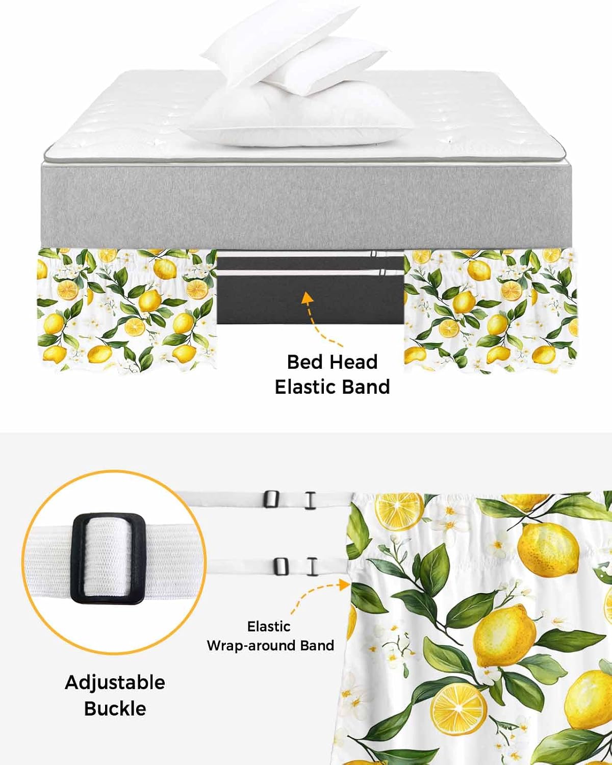 White Flowers Bed Skirt Queen Size 16 Inch Drop, Adjustable Elastic Wrap Around Bed Skirts Easy Fitting Dust Ruffle Bedskirt Bed Frame Cover Elegant Floral Yellow Lemon Fruit