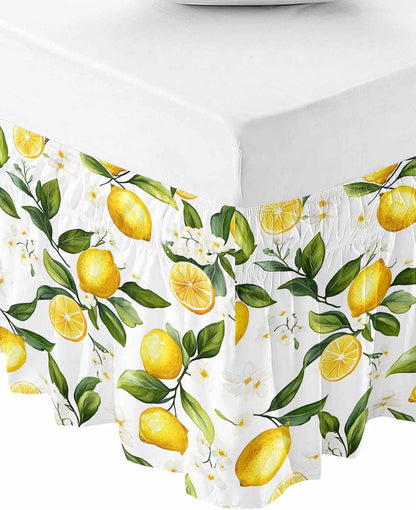 White Flowers Bed Skirt Queen Size 16 Inch Drop, Adjustable Elastic Wrap Around Bed Skirts Easy Fitting Dust Ruffle Bedskirt Bed Frame Cover Elegant Floral Yellow Lemon Fruit
