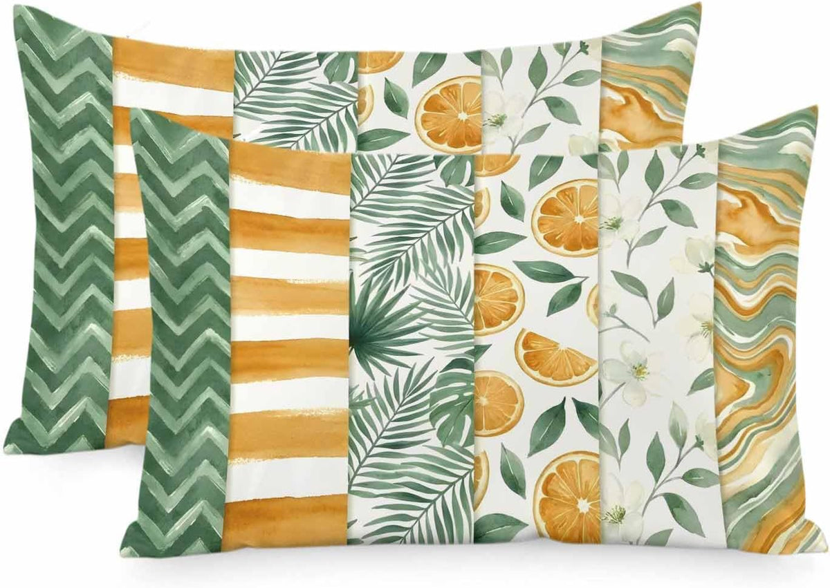 Satin Pillowcases Standard Size, Yellow Lemons Silk Pillow Cases for Hair and Skin with Zipper 2 Pack, Summer Botanical Green Leaves Fruits Striped Smooth Throw Pillow Covers for Sleeping, 20"x26"