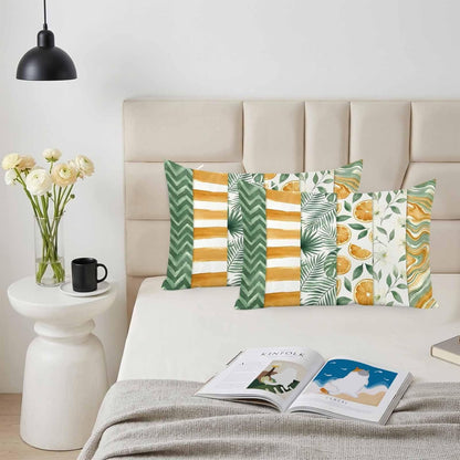 Satin Pillowcases Standard Size, Yellow Lemons Silk Pillow Cases for Hair and Skin with Zipper 2 Pack, Summer Botanical Green Leaves Fruits Striped Smooth Throw Pillow Covers for Sleeping, 20"x26"