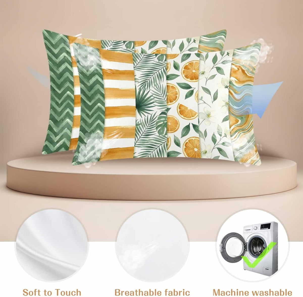 Satin Pillowcases Standard Size, Yellow Lemons Silk Pillow Cases for Hair and Skin with Zipper 2 Pack, Summer Botanical Green Leaves Fruits Striped Smooth Throw Pillow Covers for Sleeping, 20"x26"
