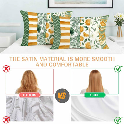 Satin Pillowcases Standard Size, Yellow Lemons Silk Pillow Cases for Hair and Skin with Zipper 2 Pack, Summer Botanical Green Leaves Fruits Striped Smooth Throw Pillow Covers for Sleeping, 20"x26"