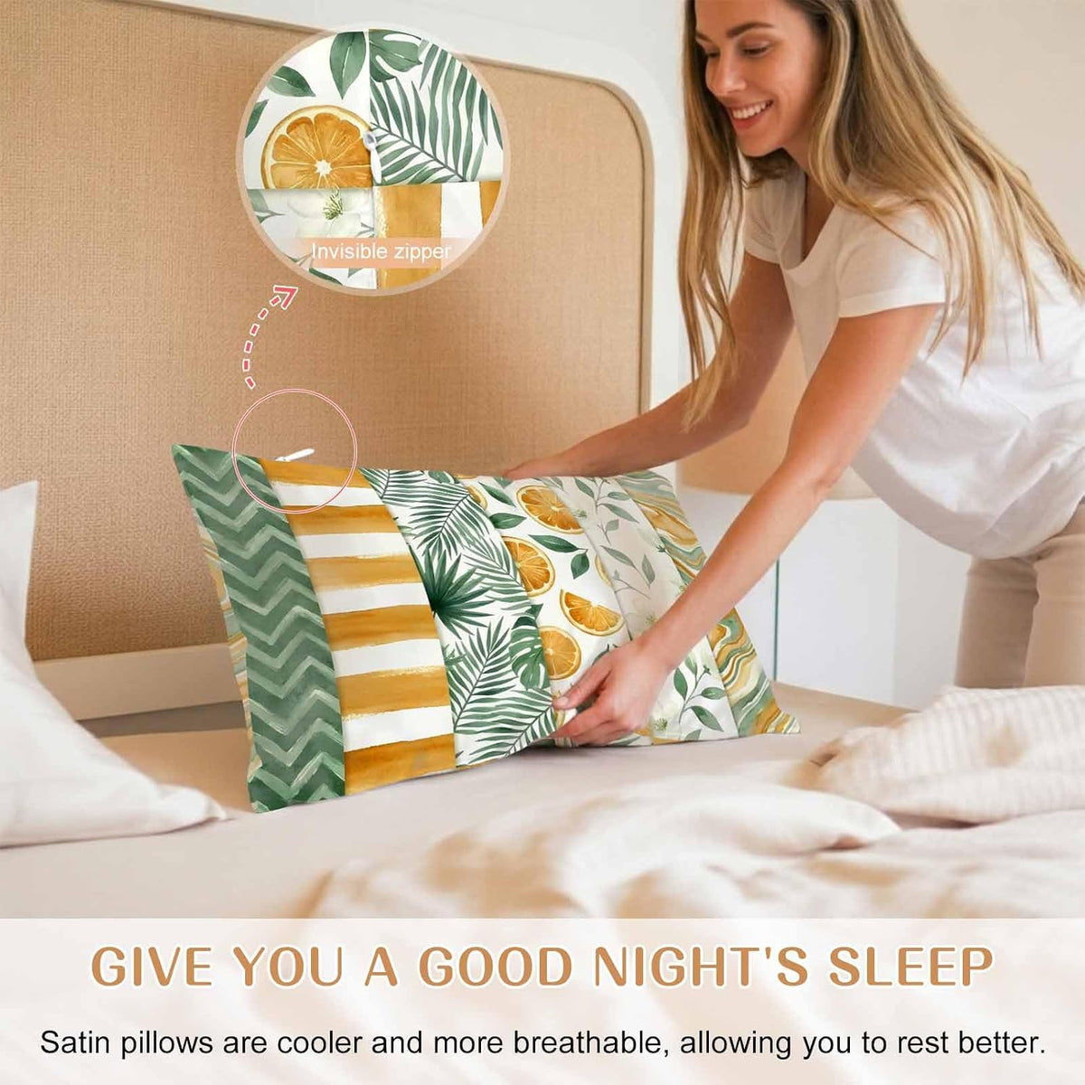 Satin Pillowcases Standard Size, Yellow Lemons Silk Pillow Cases for Hair and Skin with Zipper 2 Pack, Summer Botanical Green Leaves Fruits Striped Smooth Throw Pillow Covers for Sleeping, 20"x26"