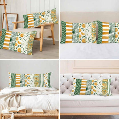 Satin Pillowcases Standard Size, Yellow Lemons Silk Pillow Cases for Hair and Skin with Zipper 2 Pack, Summer Botanical Green Leaves Fruits Striped Smooth Throw Pillow Covers for Sleeping, 20"x26"