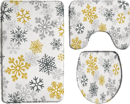 3pcs Yellow Snowflake Bath Mat Set Christmas Winter Holiday Happy New Year Bathroom Bathtub Area Rugs Toilet Decor (16x24 in)