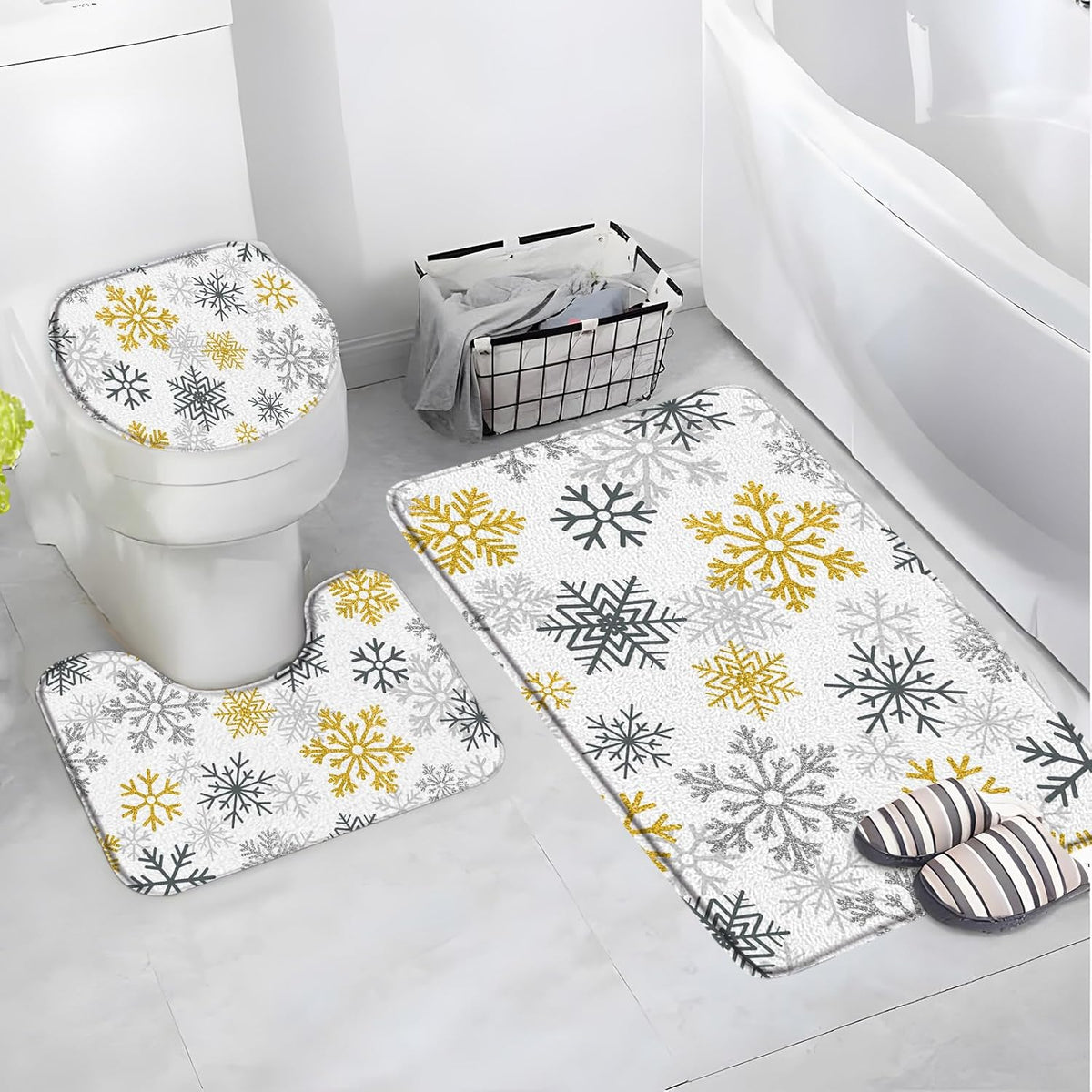 3pcs Yellow Snowflake Bath Mat Set Christmas Winter Holiday Happy New Year Bathroom Bathtub Area Rugs Toilet Decor (16x24 in)