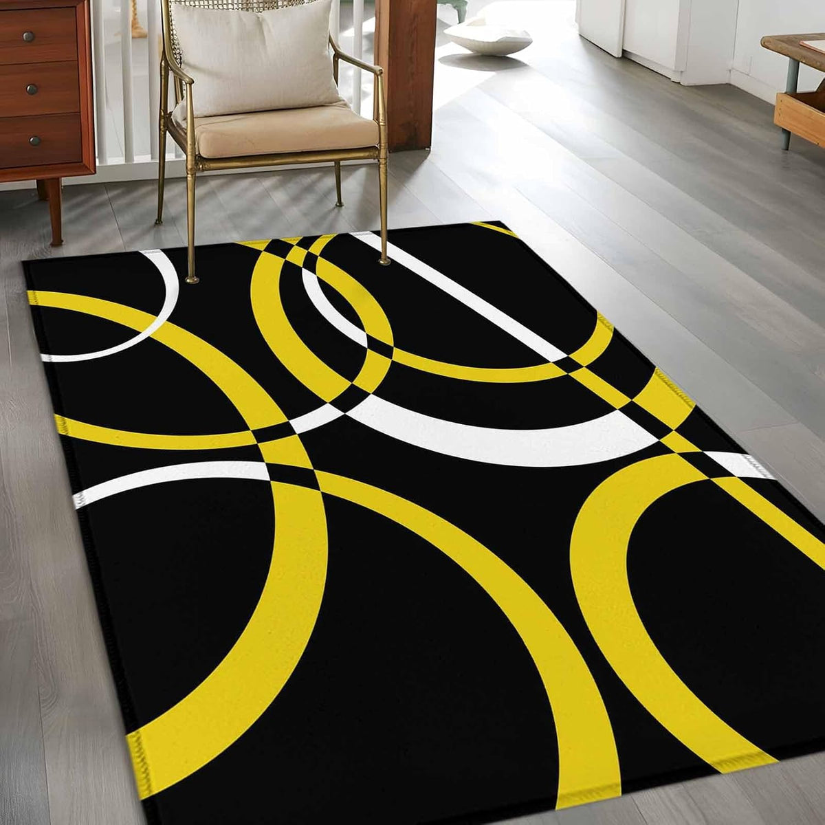 4x6 Modern Abstract Art Area Rug for Living Room Bedroom, Machine Washable Non Slip Indoor Rug Yellow White Geometric Circle Soft Low Profile Floor Carpet for Dining Room Office Home Decor