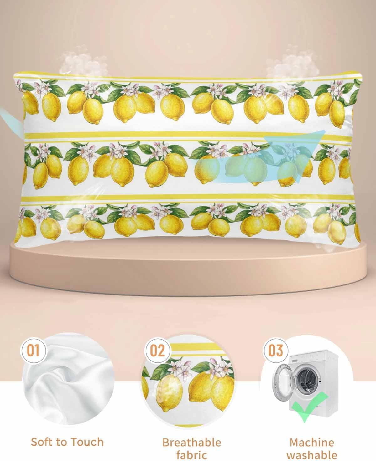 Summer Lemons Satin Pillowcase for Hair and Skin, Yellow Fruit Leaf Striped White Background Silky Pillow Cases Standard Size with Zipper 1 Pack Soft Cooling Pillow Cover for Women Men, 20''x40''
