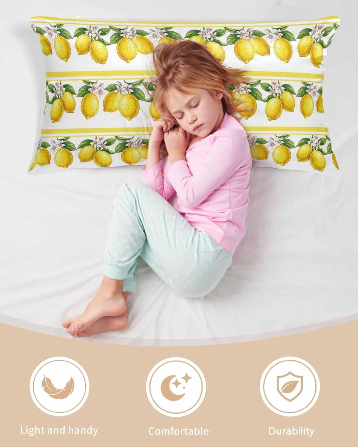 Summer Lemons Satin Pillowcase for Hair and Skin, Yellow Fruit Leaf Striped White Background Silky Pillow Cases Standard Size with Zipper 1 Pack Soft Cooling Pillow Cover for Women Men, 20''x40''